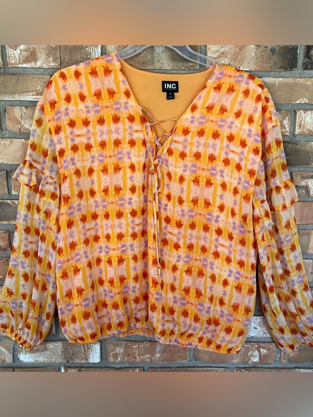 International Concepts Orange Multi Print Tie Front Ruffle Sleeve Blouse XL